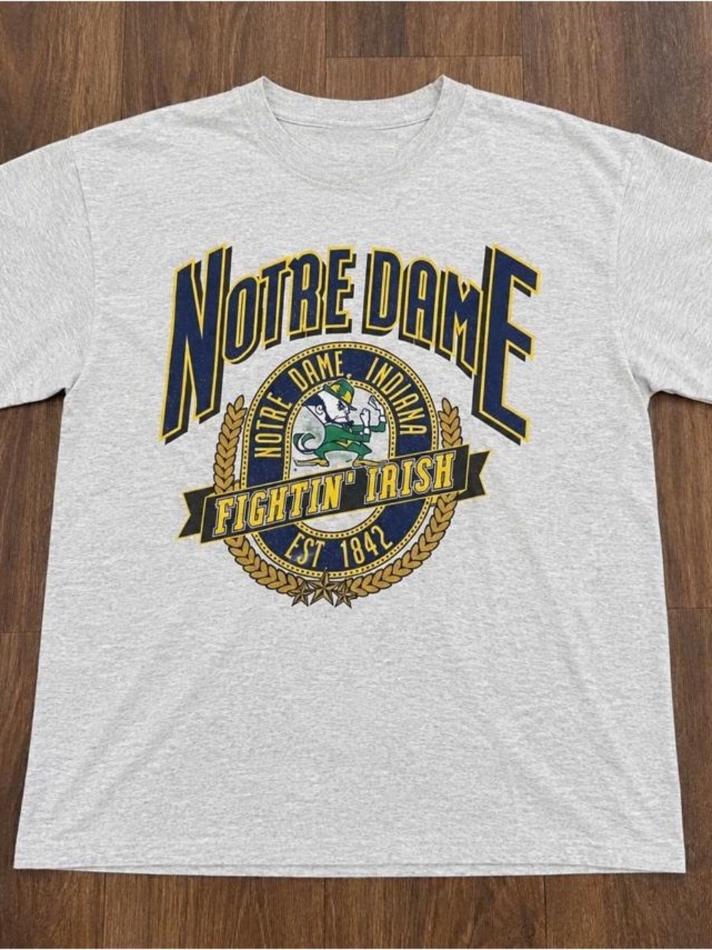 Gray Notre Dame Fighting Irish Graphic Tee with Navy & Gold Print